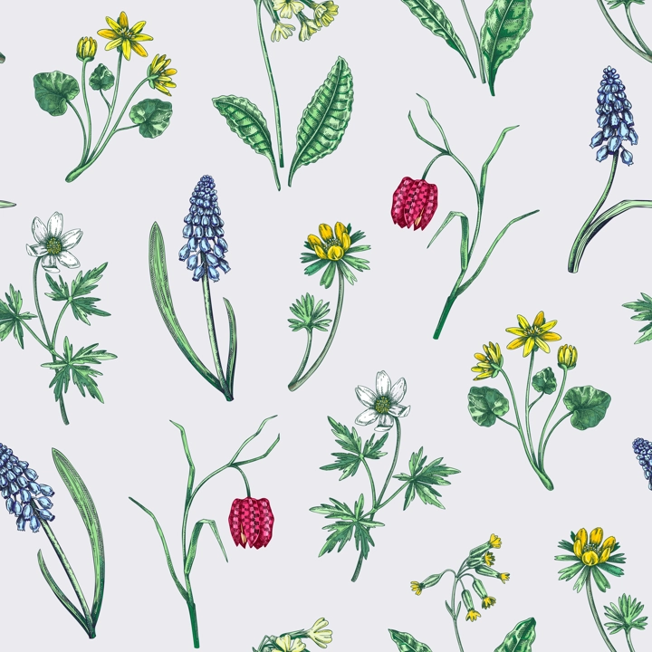 Spring flowers seamless pattern. Wildflowers background. Forest plant, greenery, wild flowers sketches. Hand drawn vector illustration. Not AI-generated